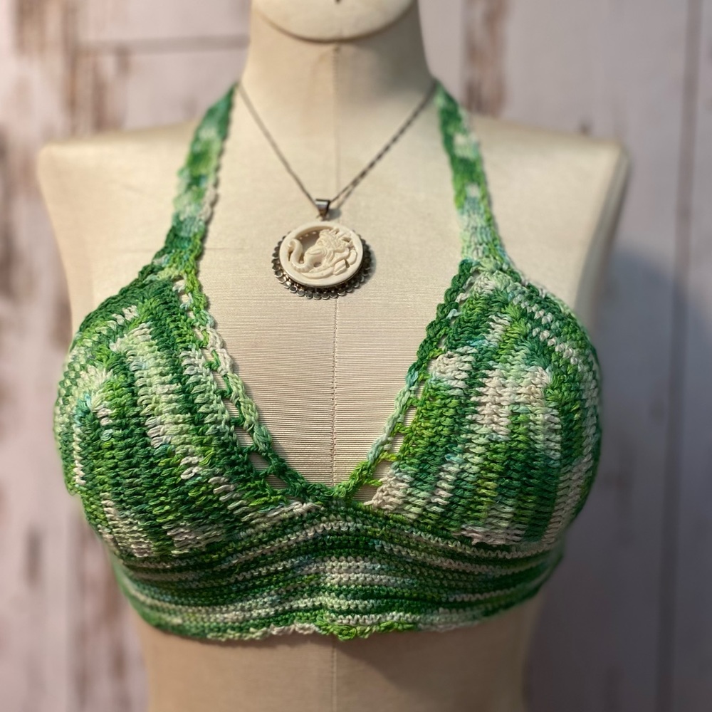 Crochet halter top. 100% cotton. Green and White.